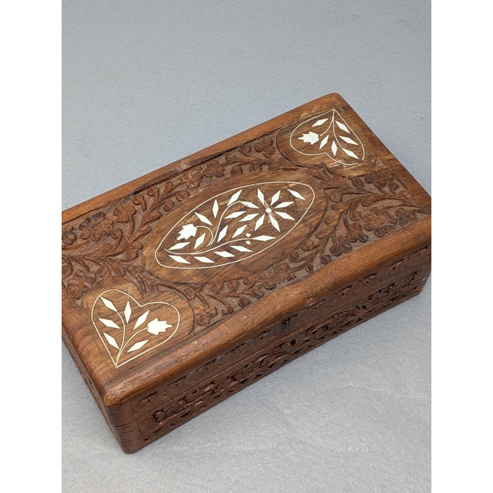 Inlaid Wooden Trinket Jewelry Box Red Velvet India Vintage